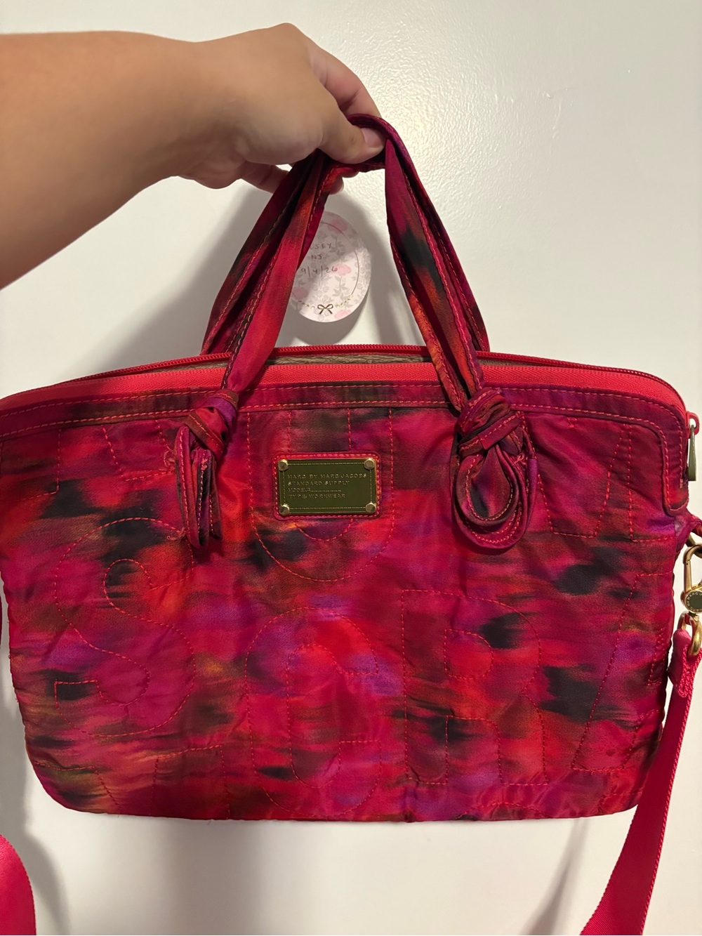 Marc by Marc Jacobs Red/Pink Quilted 16 Inch Computer Bag with Gold Plate